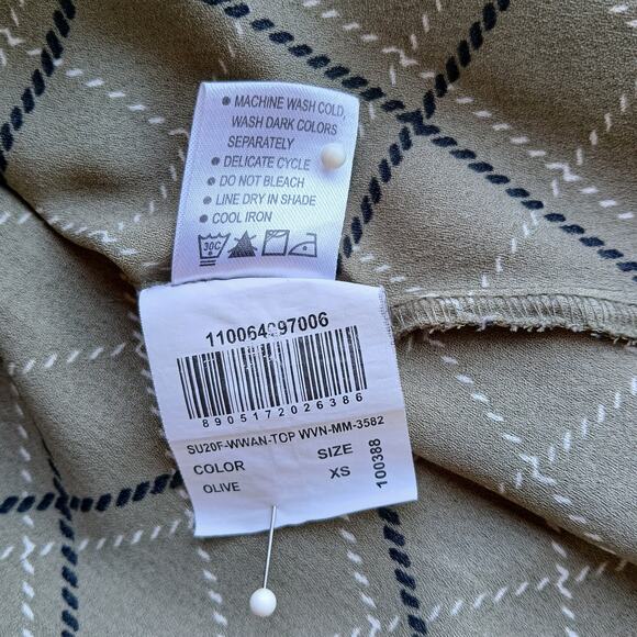 Annabelle Olive Plaid Print Blouse XS V-neck boho tunic 3/4 bell ruffle sleeve - Picture 5 of 11